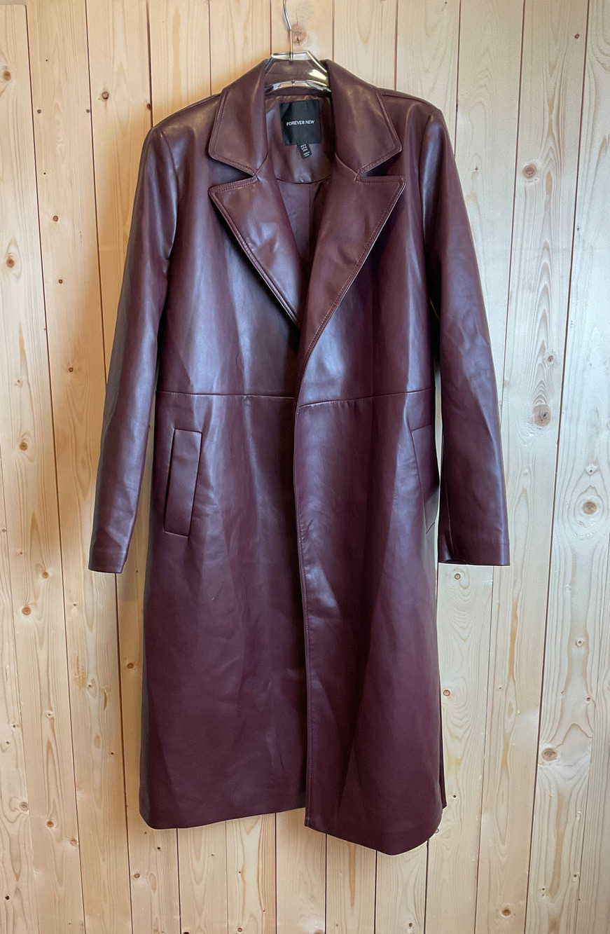 Forever New Women's Tie-Waist Faux Leather Trench Coat, "Berry" - Size 8
